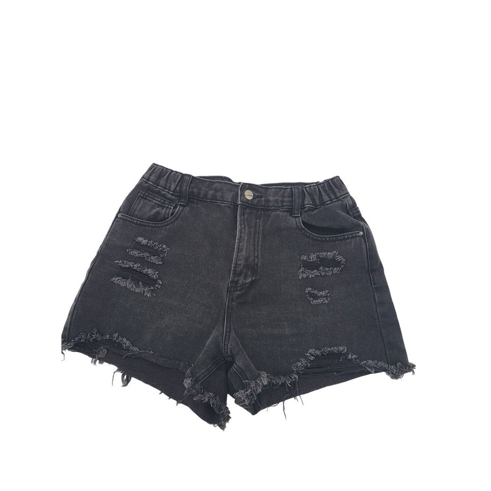 Forever 21‎ Denim Shorts Large Womens Black Distressed Raw Hem Elastic Waist